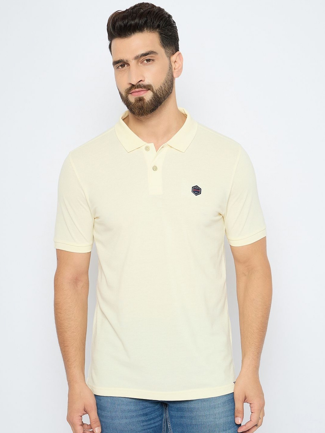 

AXMANN Men Solid Polo Collar Cotton T-shirt, Cream