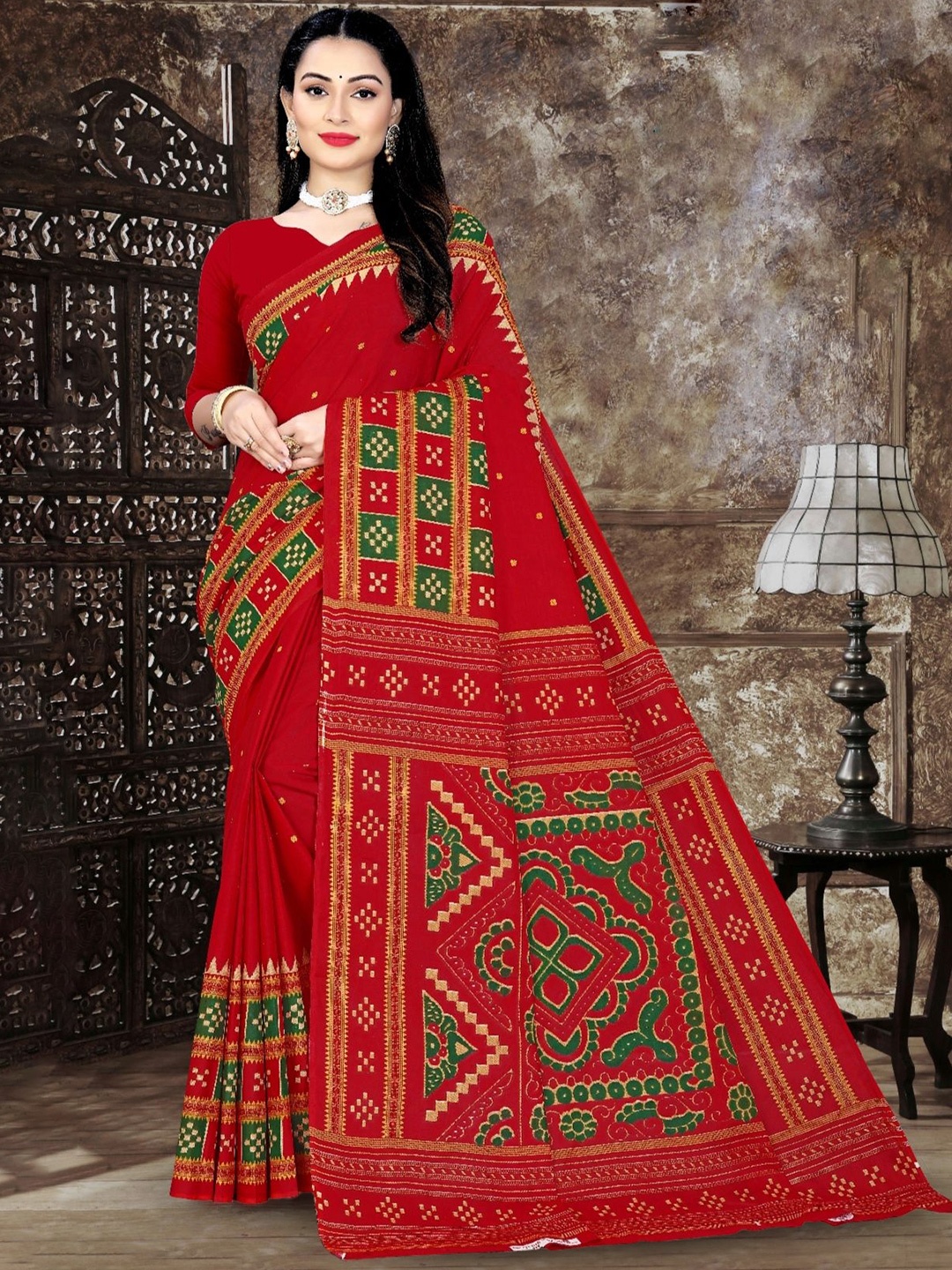 

pasapalli Pure Cotton Sambalpuri Saree, Red