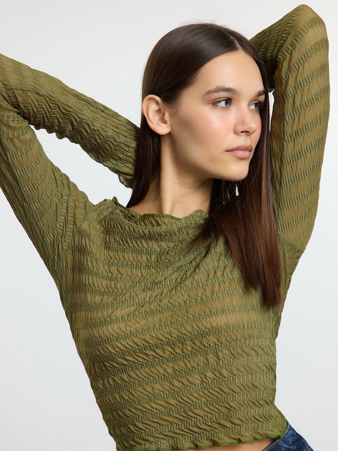 

Trendyol Women Self Design Boxy Crop Top, Green