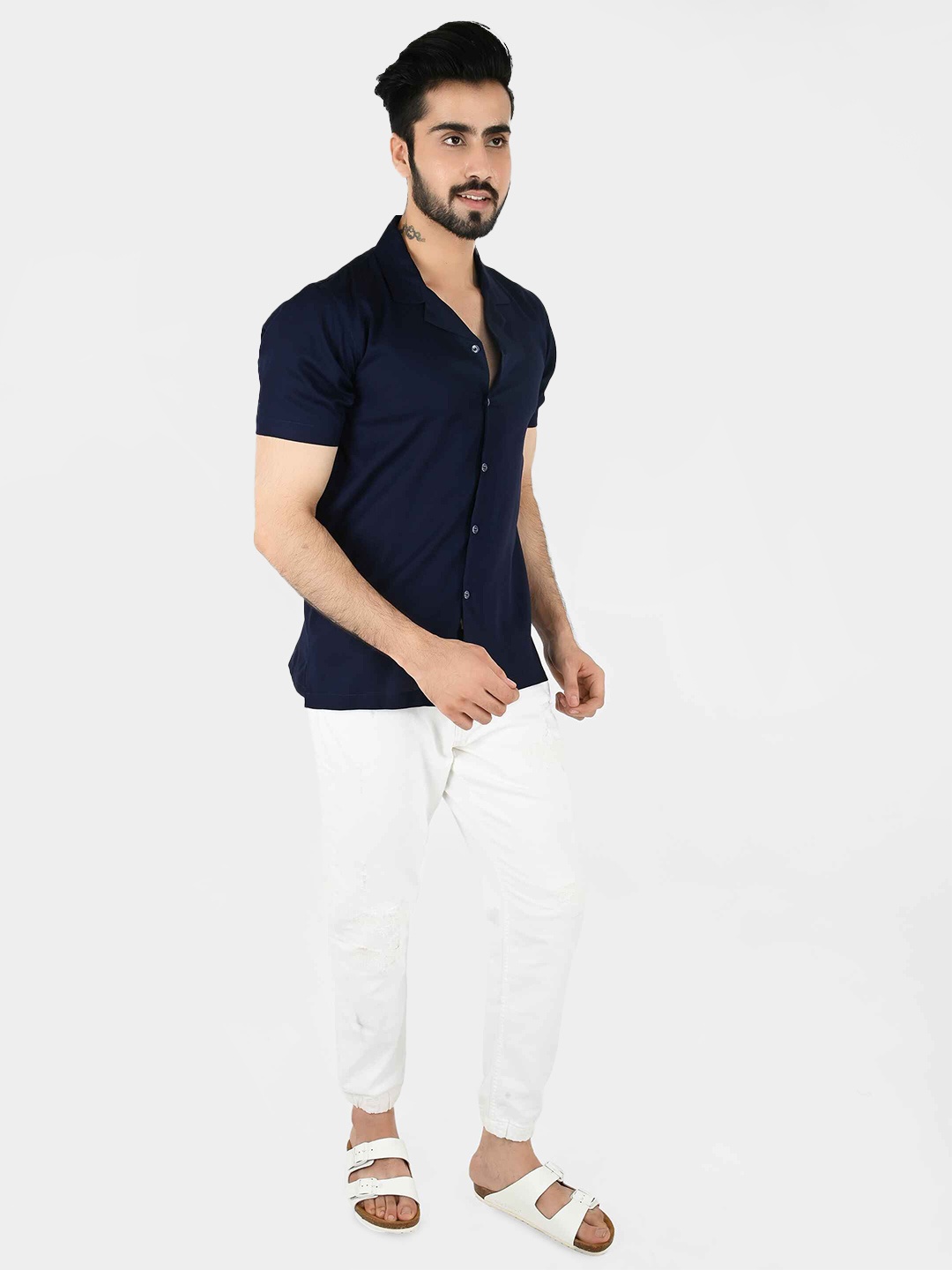 

Blissence Men Comfort Fit Cuban Collar Solid Cotton Casual Shirt, Navy blue