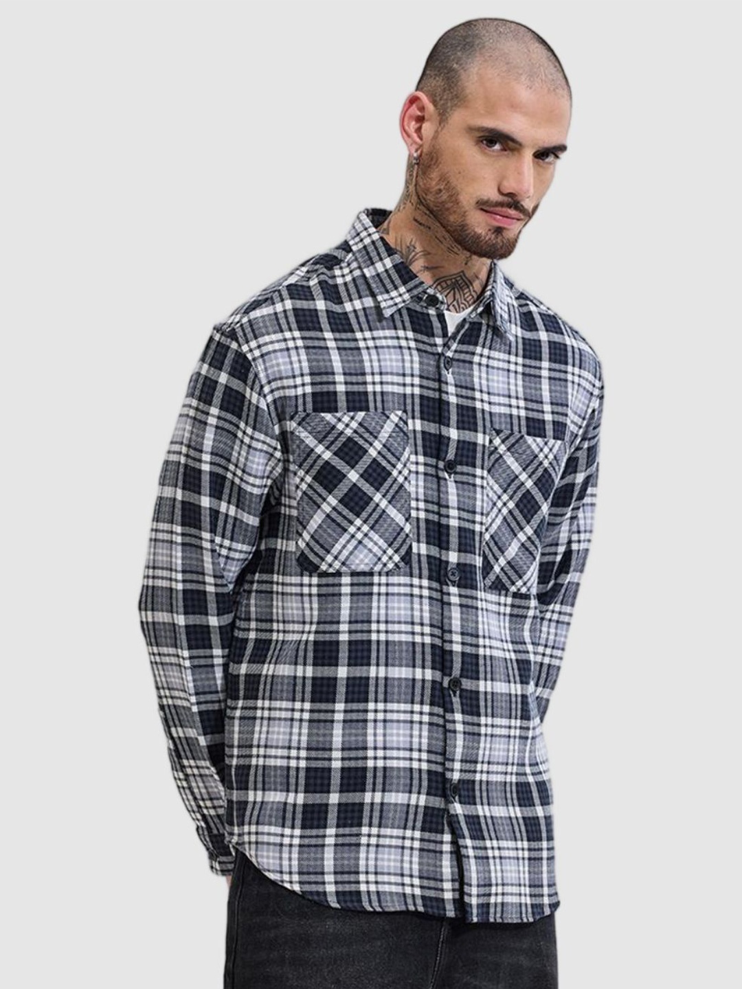 

Snitch Men Spread Collar Checked Cotton Casual Tailored Jacket, Black