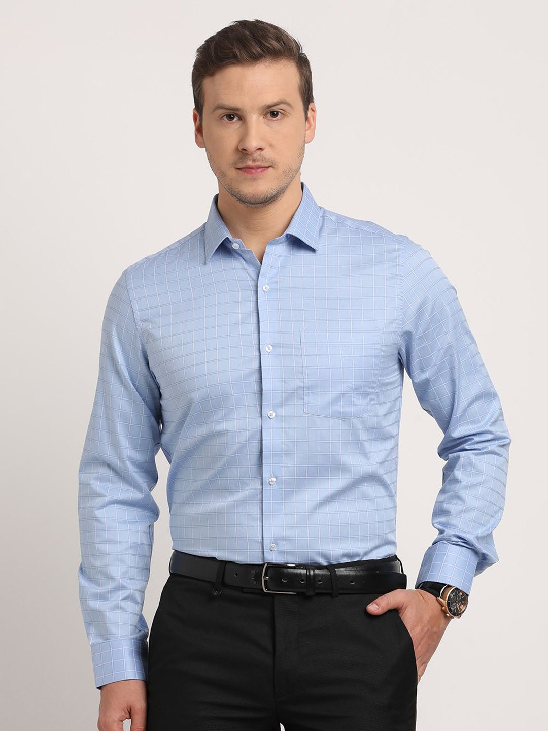 

Turtle Men Standard Slim Fit Spread Collar Checked Cotton Formal Shirt, Blue