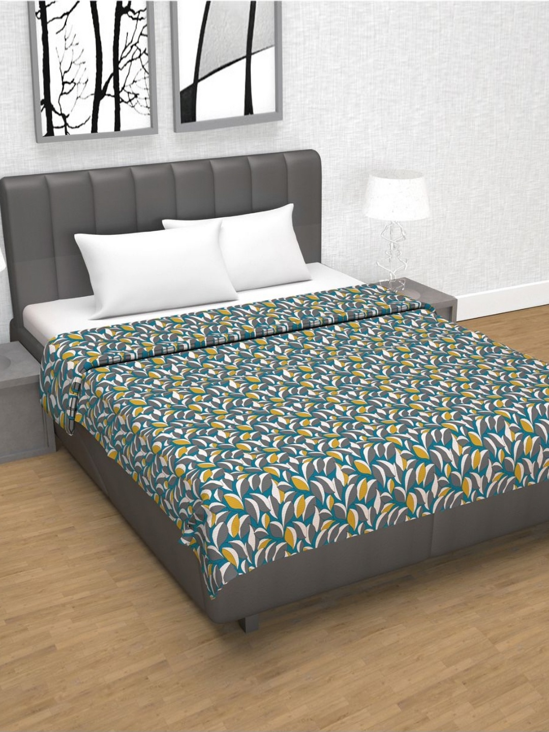 

Divine Casa Grey & Blue Floral AC Room 120 GSM Double Bed Dohar