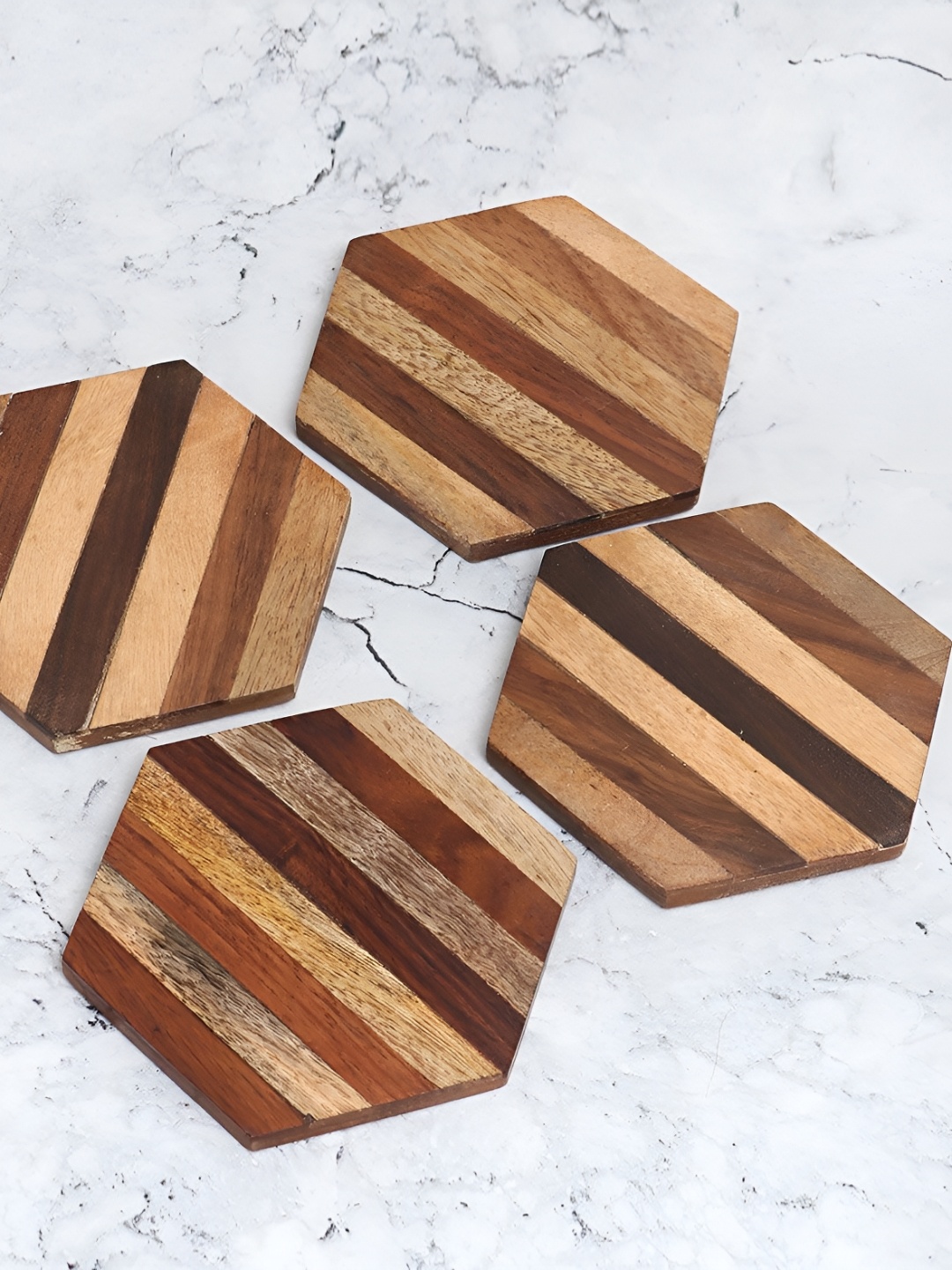 

Indianshelf Brown & Beige 4 Pieces Striped Hexagonal Shaped Wooden Coasters