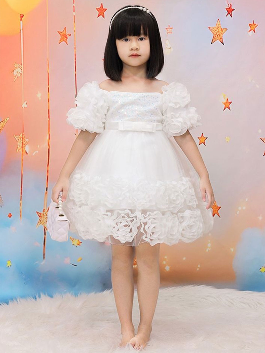 

LULU & SKY Girls Puff Sleeves Fit and Flare Dress, White