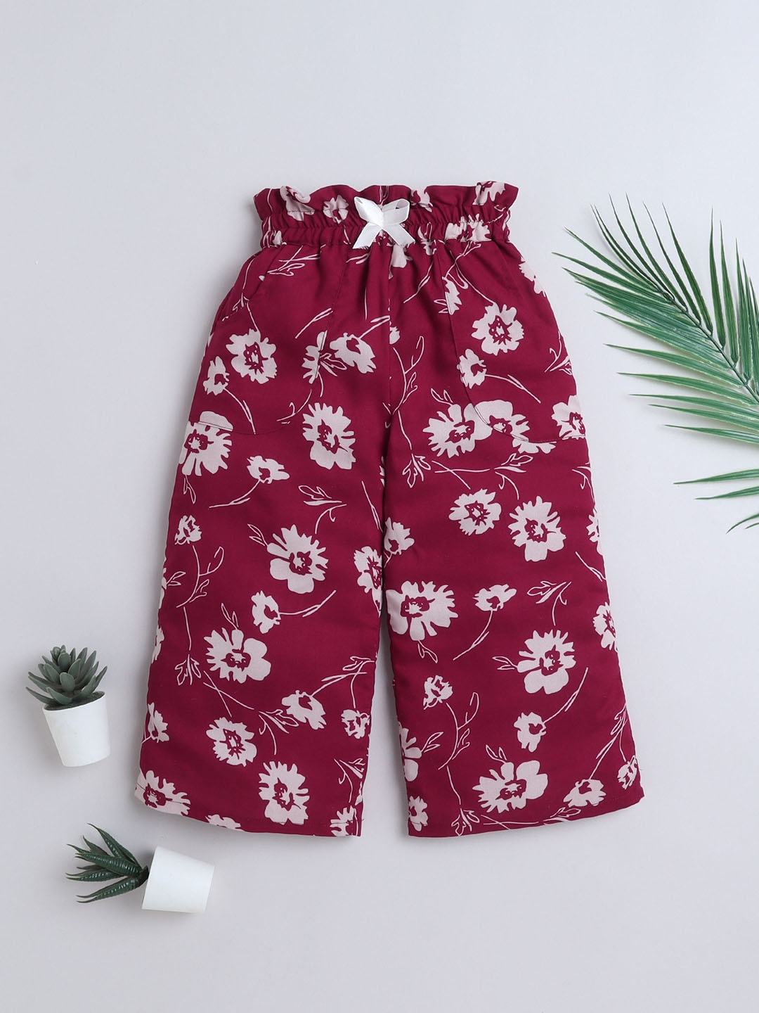 

The Magic Wand Girls Floral Printed Mid-Rise Trousers, Maroon
