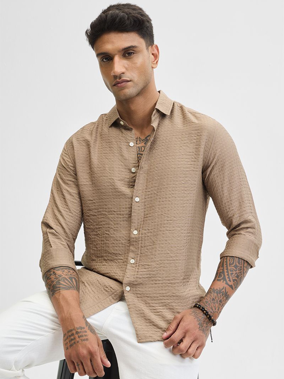 

Snitch Men Spread Collar Textured Casual Shirt, Beige