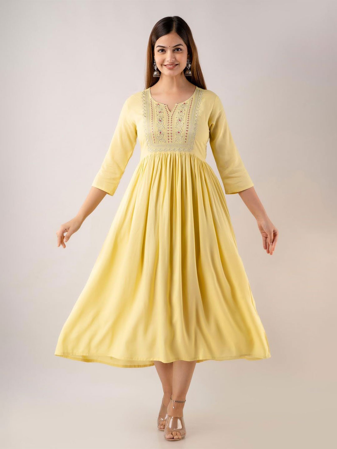 

13-Star Women Floral Embroidered A-Line Midi Ethnic Dress, Yellow