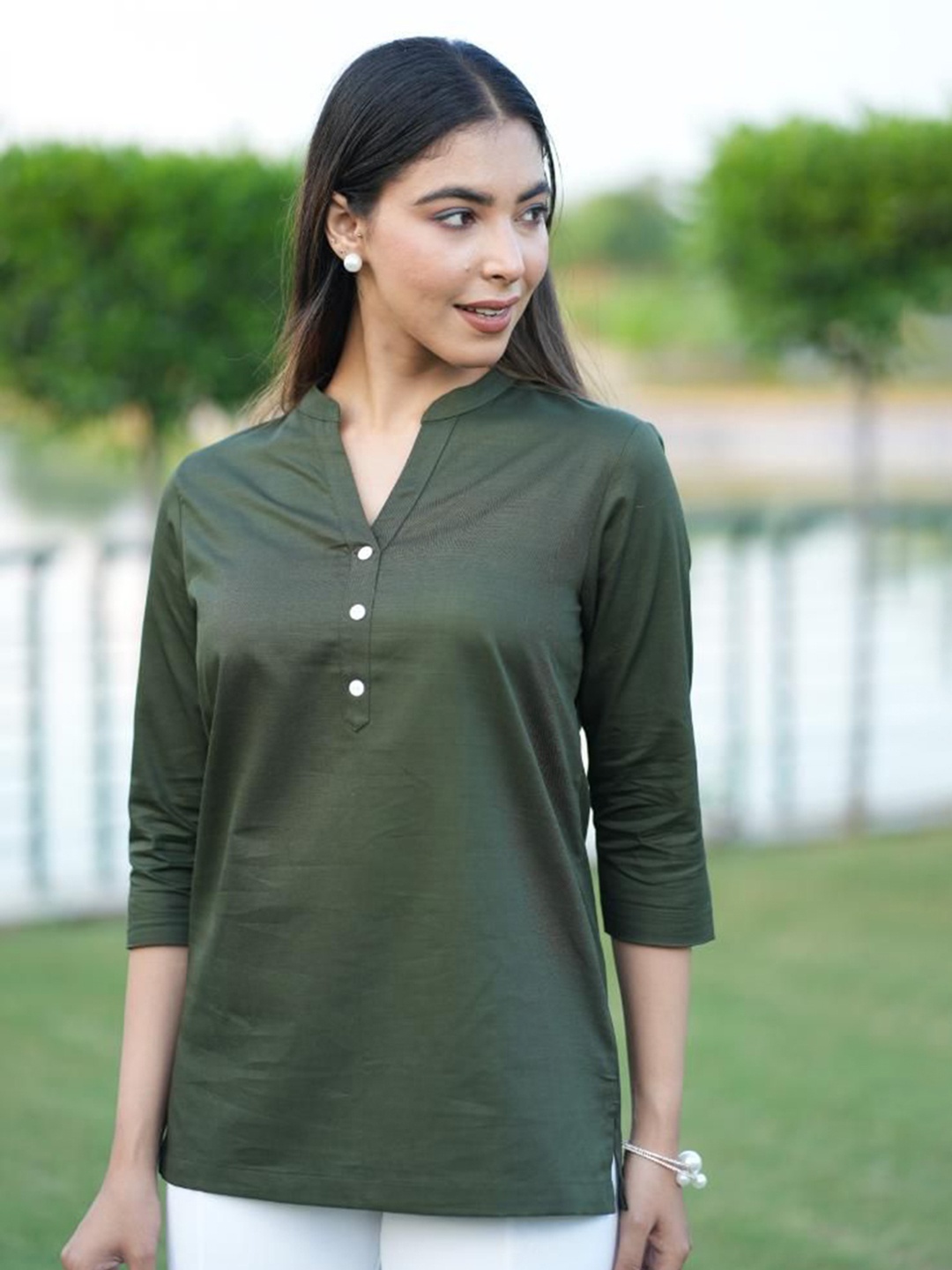 

Mlada Women Short Linen Cotton Kurti, Olive