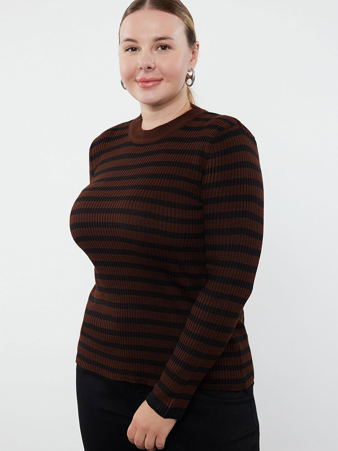 

Trendyol Women Plus Size Striped Pullover Sweater, Brown