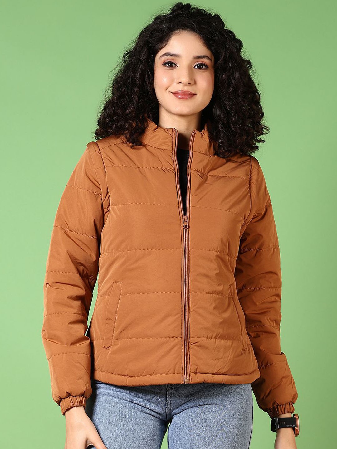 

V-Mart Women Mock Collar Solid Cotton Casual Quilted Jacket, Orange