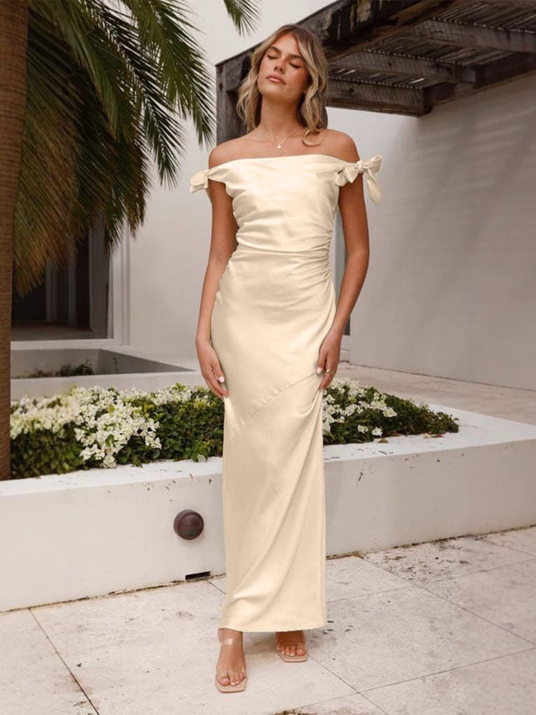 

StyleCast x Revolte Off-Shoulder Chiffon Fit & Flare Maxi Dress, Champagne