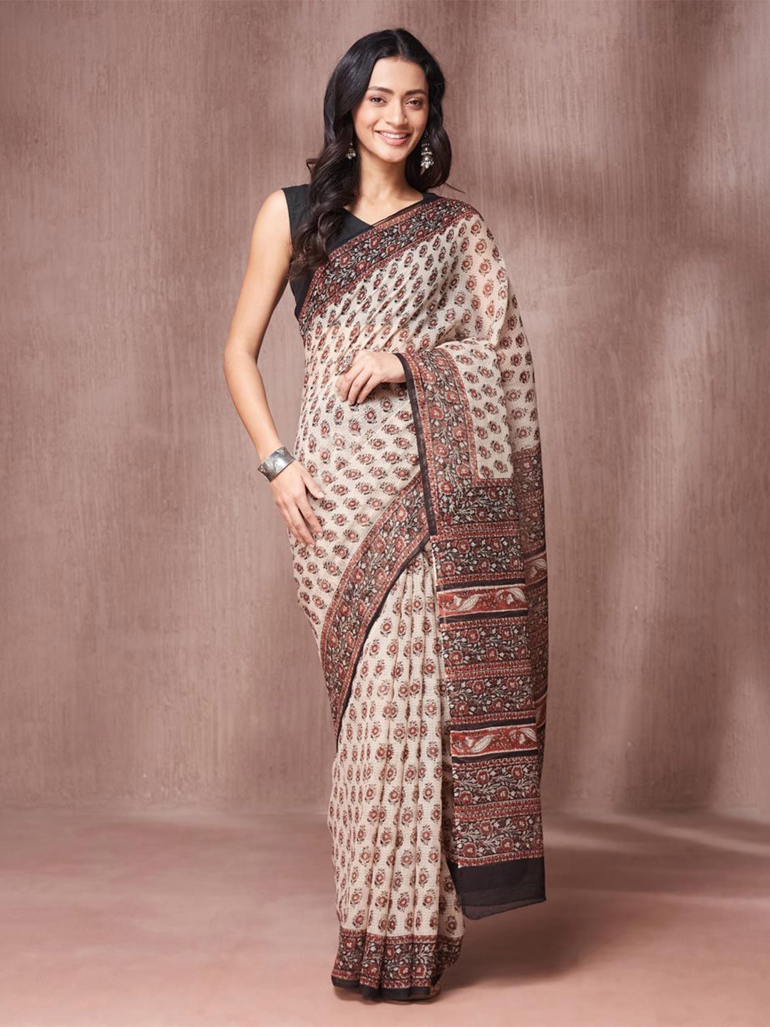 

Fabindia Ethnic Motifs Printed Bagru Saree, Beige