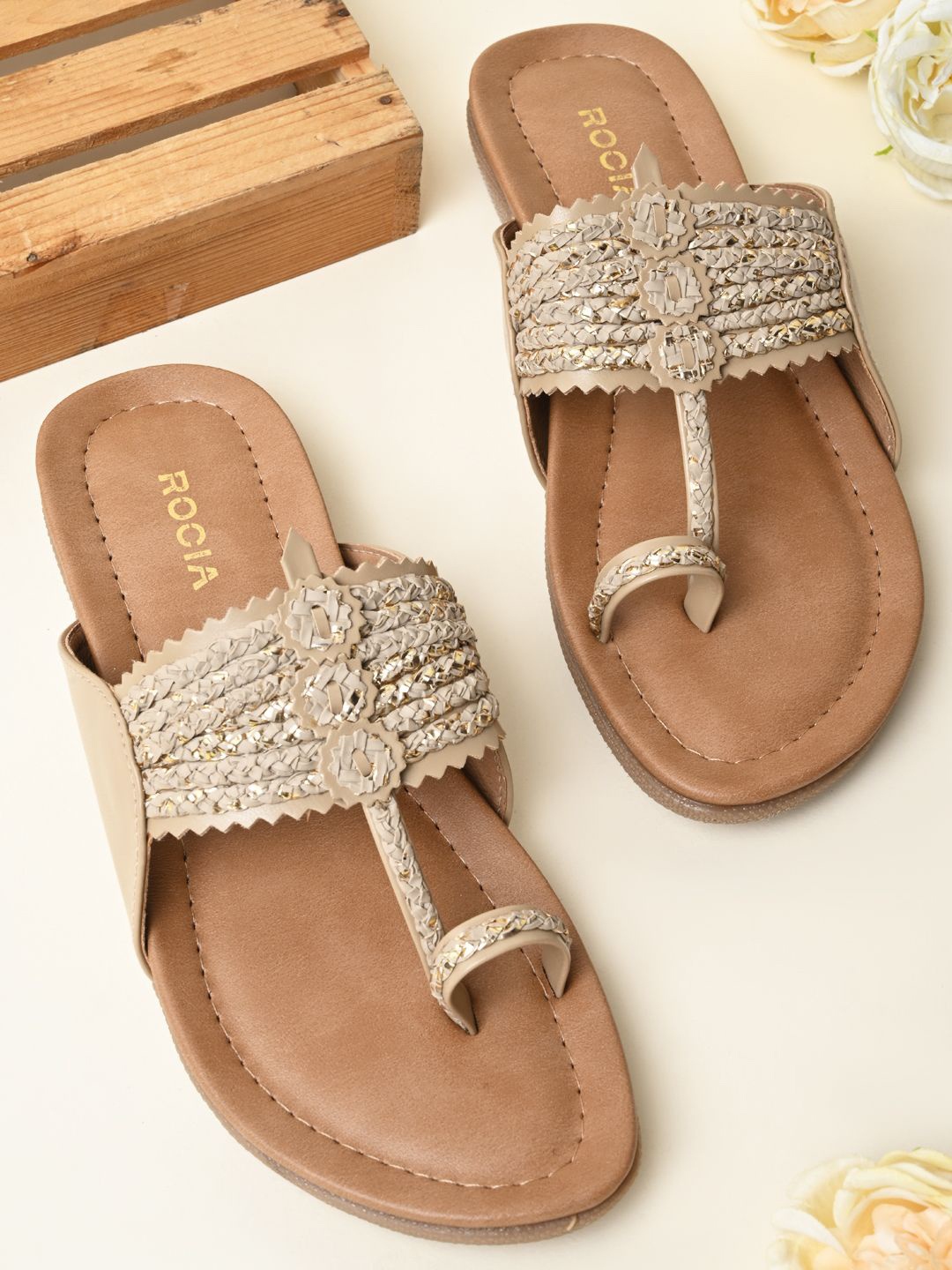 

Rocia Women T-Strap Flats with Laser Cuts, Beige