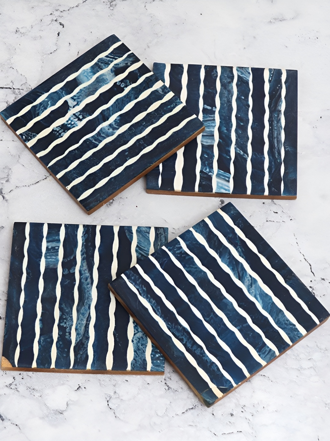 

Indianshelf Blue & White 4 Pieces Striped Wooden Square Shaped Coasters