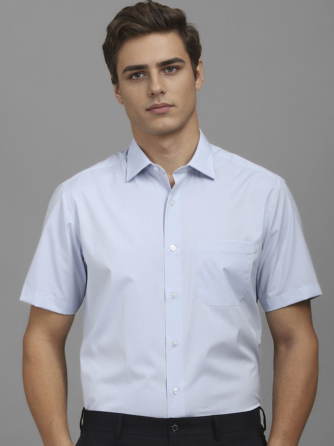 

Louis Philippe Men Classic Slim Fit Spread Collar Solid Cotton Formal Shirt, Blue