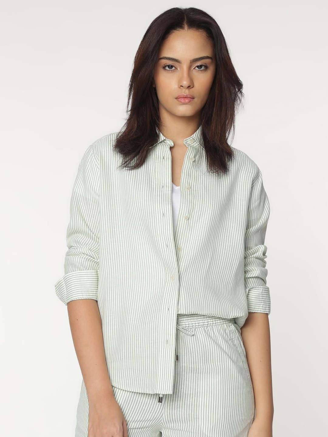 

Marks & Spencer Women Spread Collar Vertical Striped Linen Casual Shirt, Green