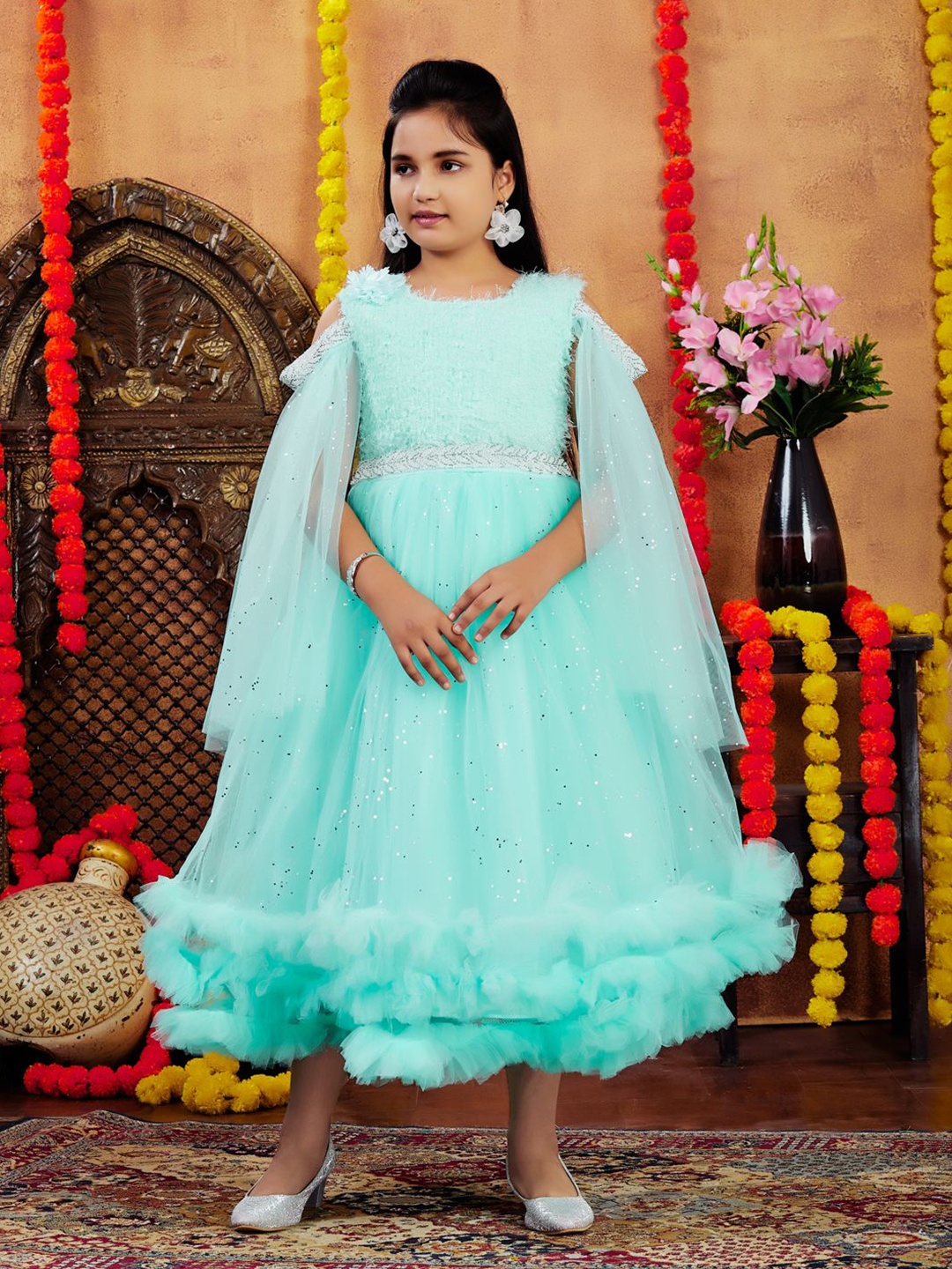 

YK Girls Embellished Net Maxi Dress, Sea green