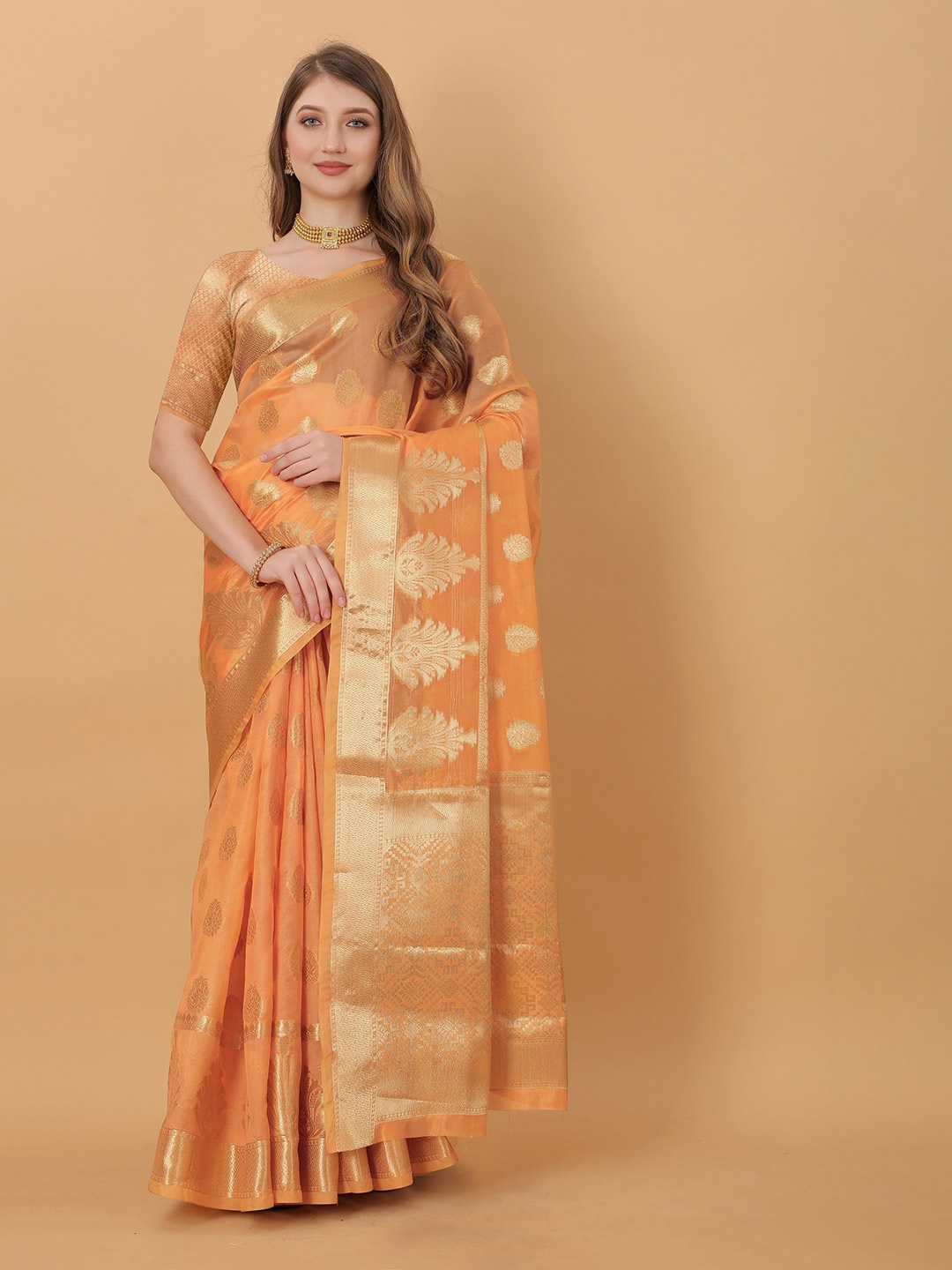 

VEDANT VASTRAM Woven Design Zari Organza Saree, Orange