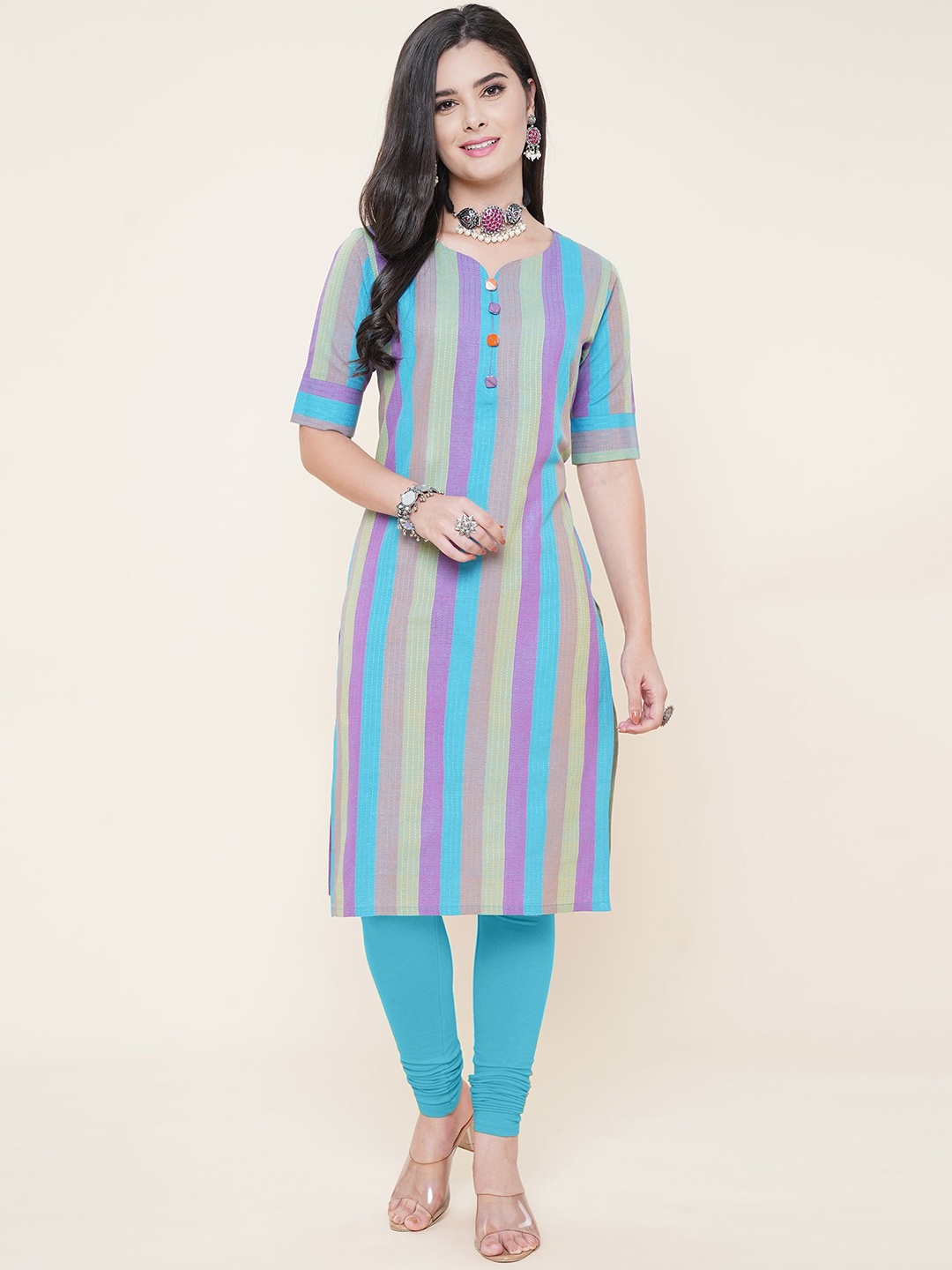 

Anushil Striped Sweetheart Neck Straight Kurta, Blue