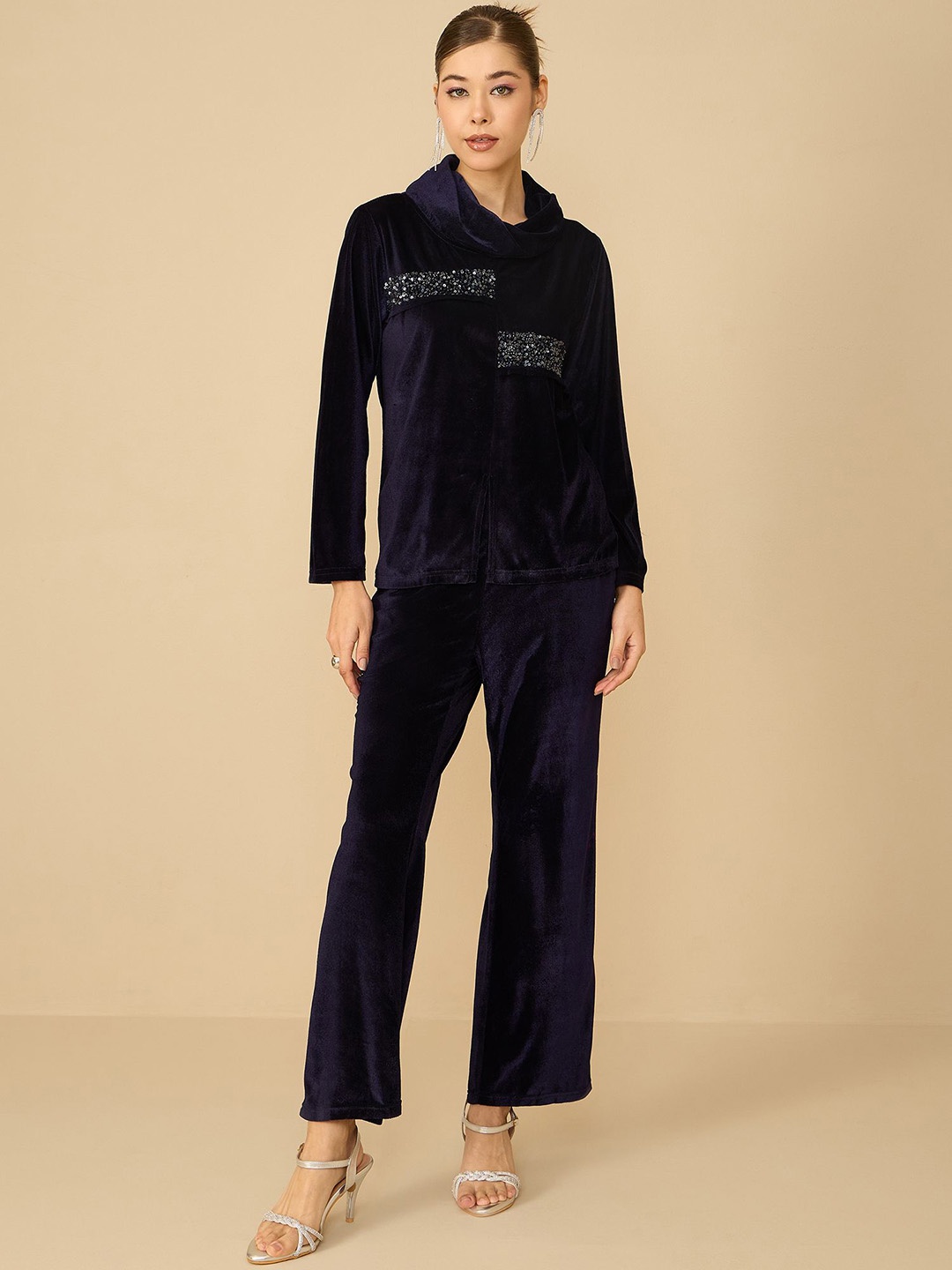 

Antheaa Embellished Velvet Top And Trousers, Blue