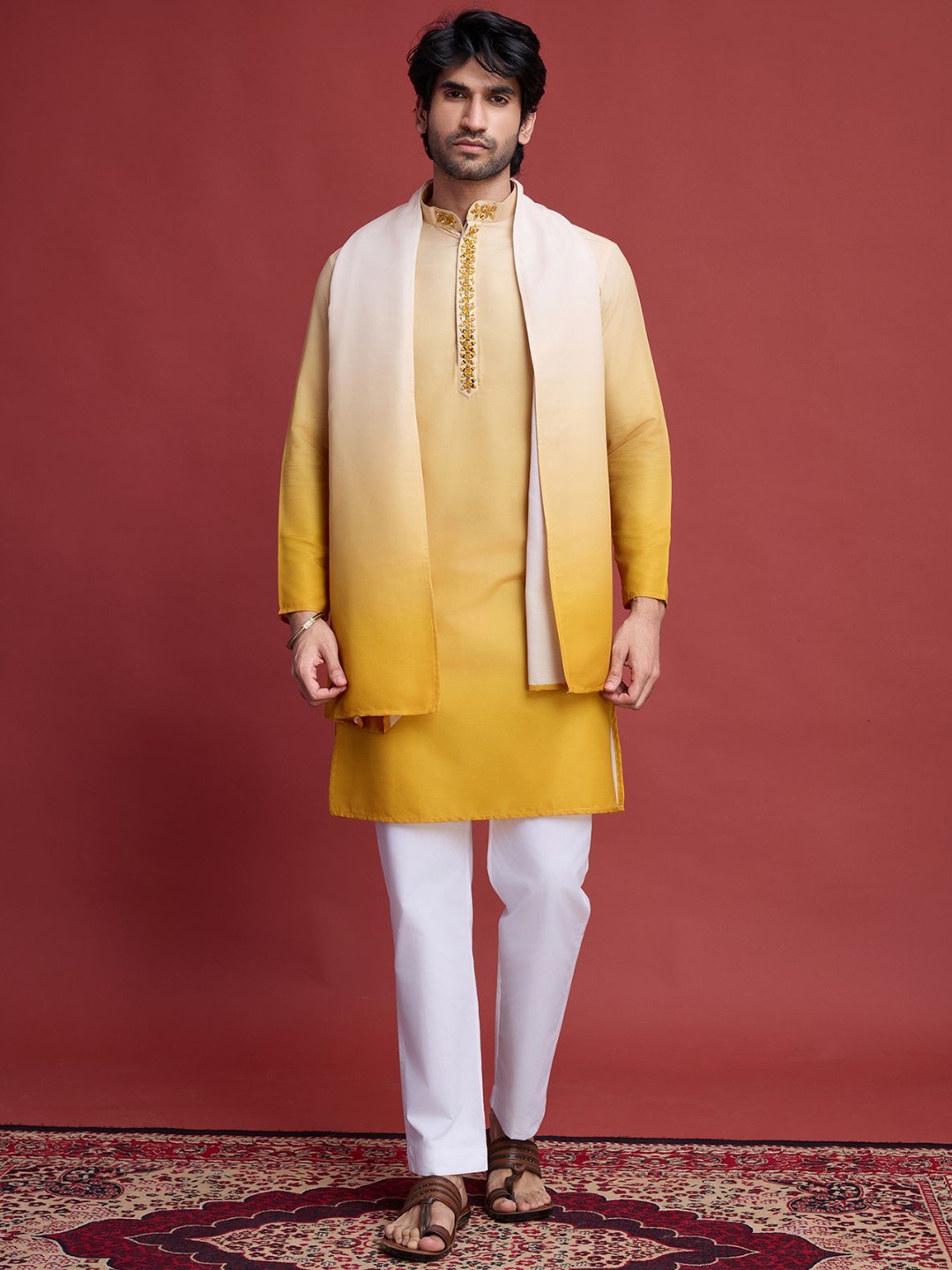 

ODETTE Men Ombre Regular Mirror Work Stitched Straight Kurta with Trousers & Dupatta, Yellow