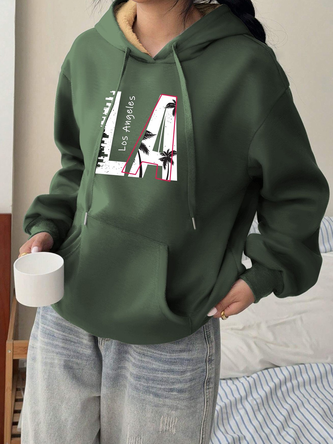 

TOGS & TERRE Women Printed Hooded Sweatshirt, Green