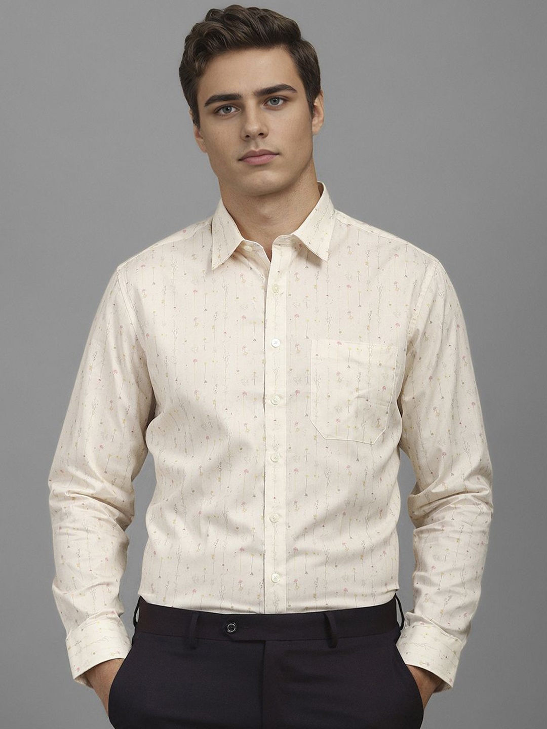 

Louis Philippe Men Spread Collar Floral Printed Cotton Formal Shirt, Cream