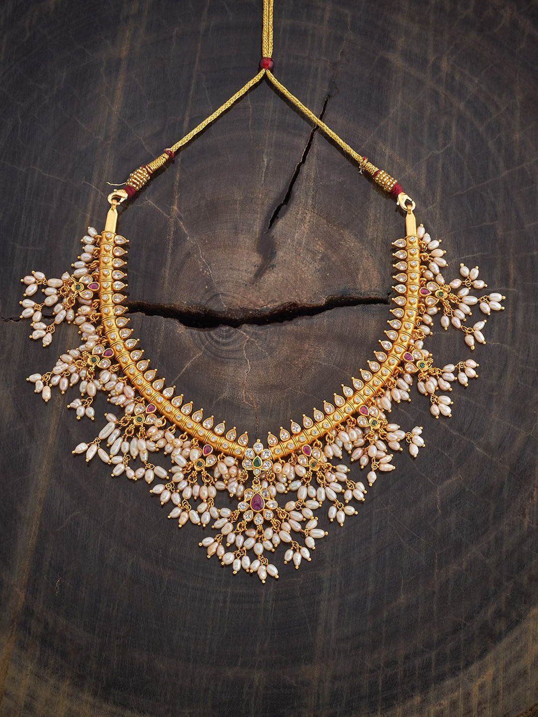 

Kushal's Fashion Jewellery Silver Gold Plated CZ & Beaded Temple Necklace