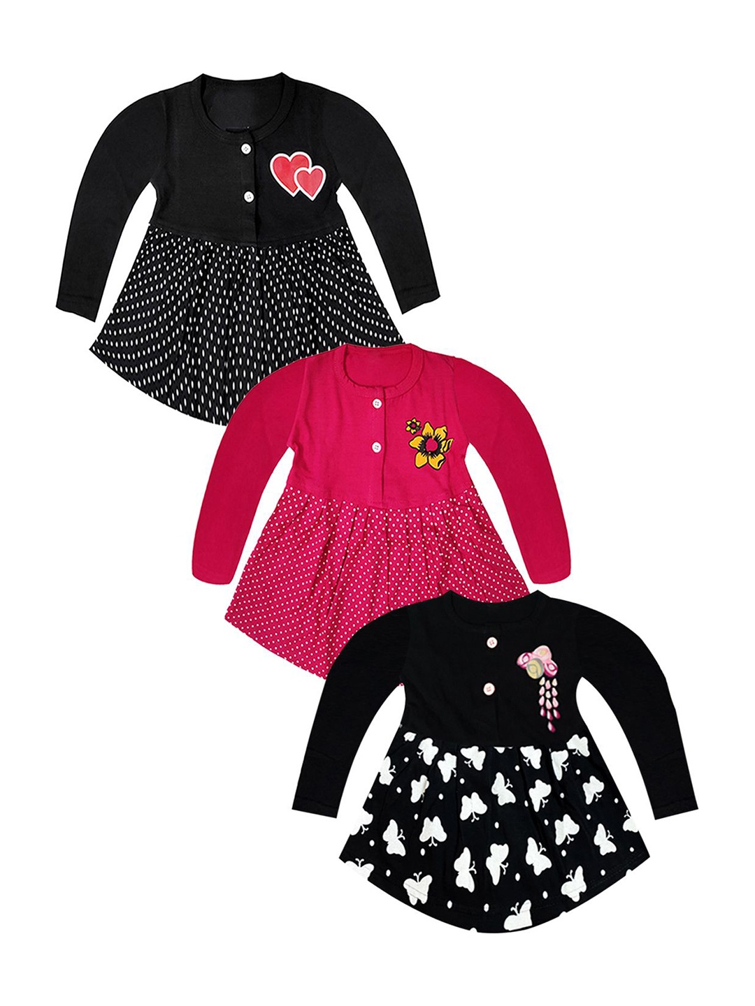 

KidzzCart Girls Pack Of 3 Polka Dot Printed Cotton Fit & Flare Dress, Multi
