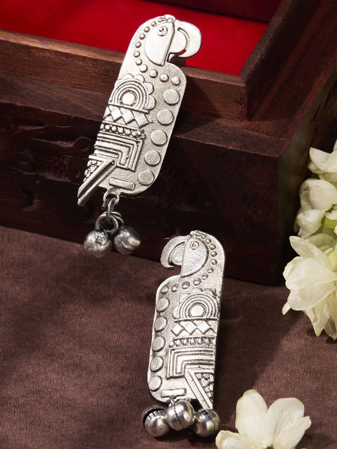 

Priyaasi Silver-Plated Oxidized Peacock Shaped Drop Earrings