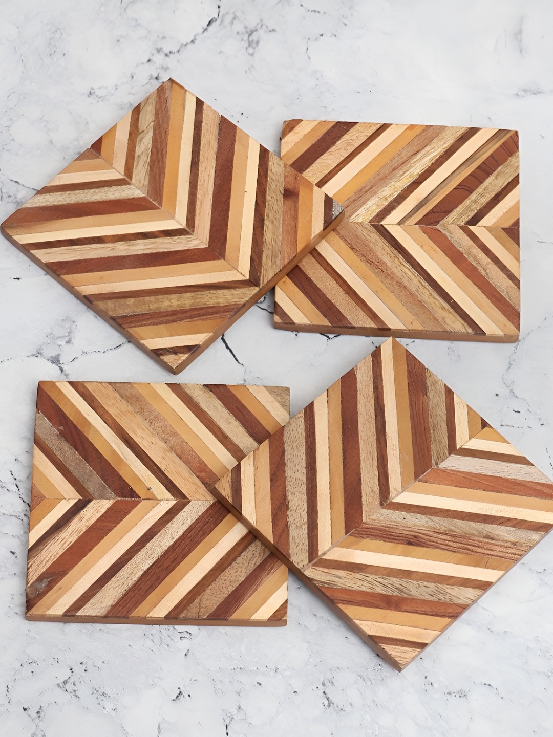 

Indianshelf Brown & Beige 4-Pcs Striped Square Wooden Dining Table Coasters