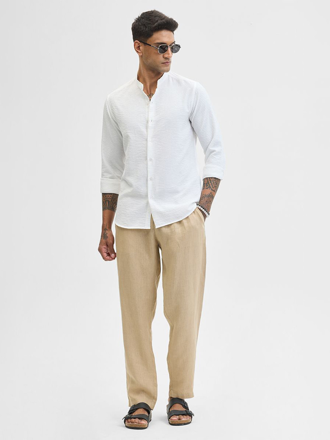 

Snitch Men Band Collar Textured Casual Shirt, White