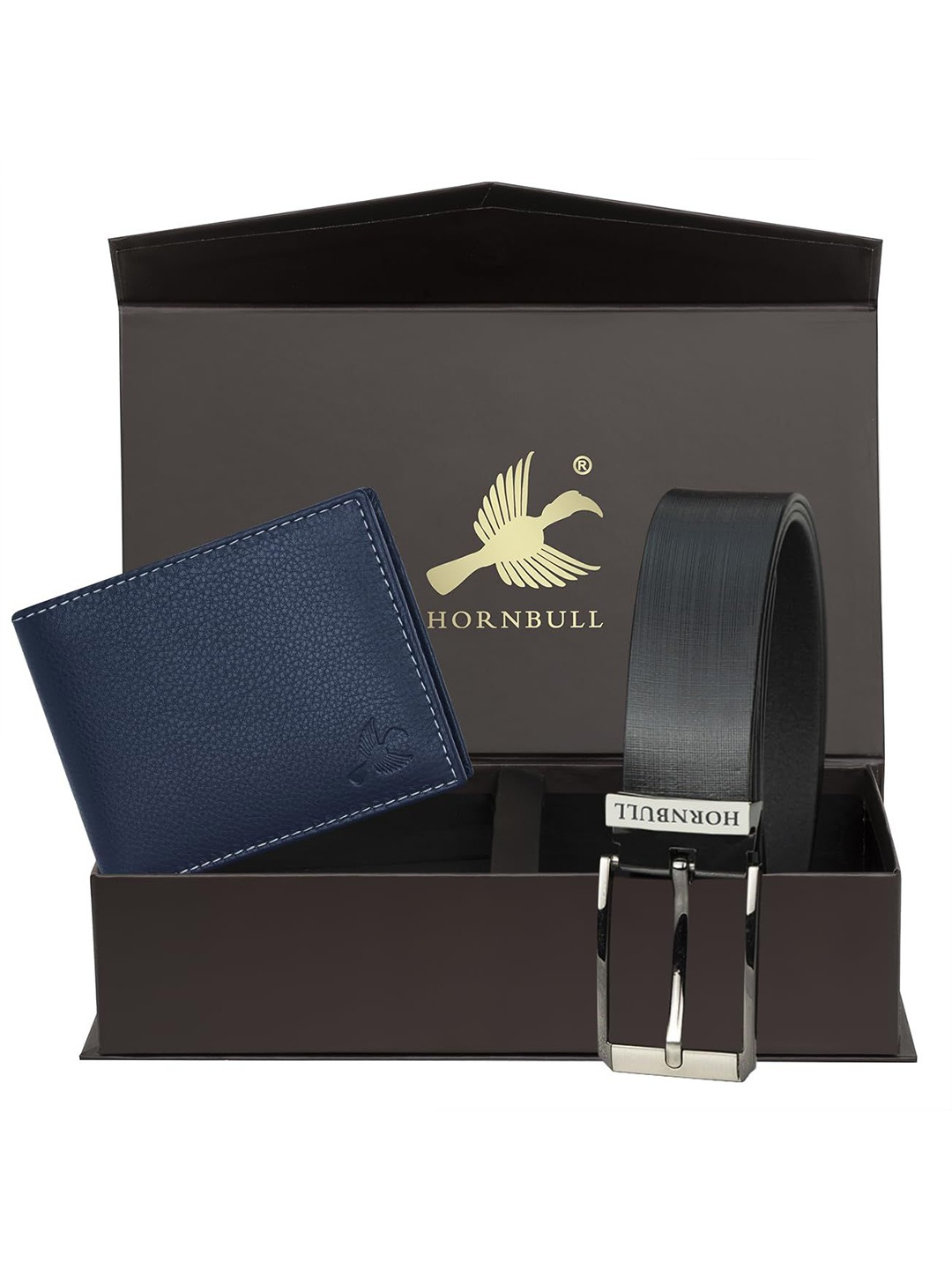 

Hornbull Men Leather RFID Protected Navy Wallet & Black Belt Accessory Gift Set, Navy blue