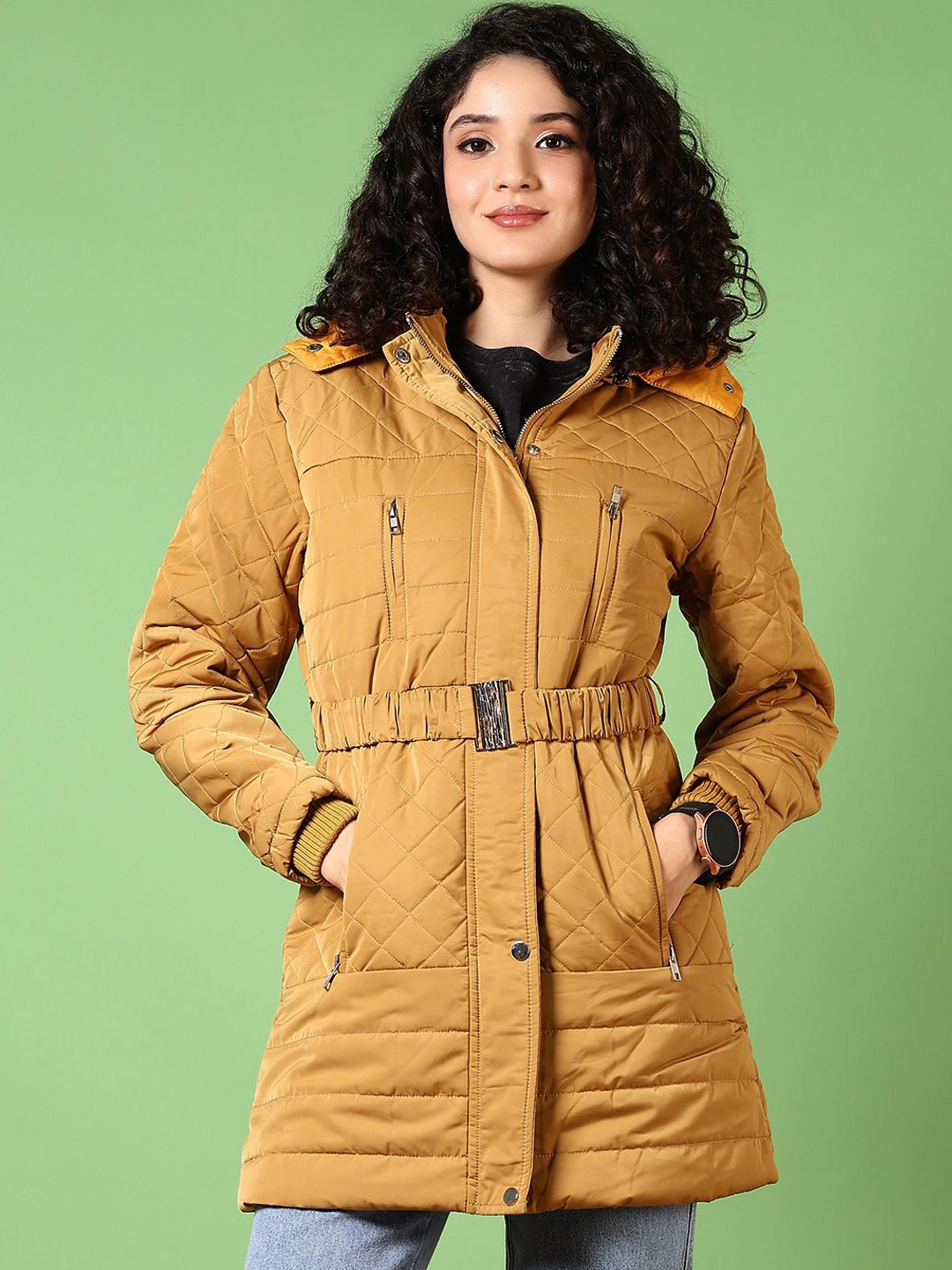 

V-Mart Women Hooded Solid Cotton Casual Parka Jacket, Mustard
