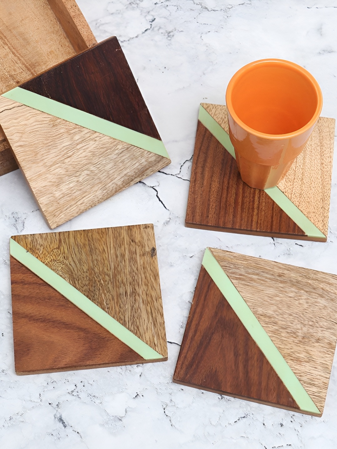 

Indianshelf 4 Pieces Brown & Green Striped Wooden Rectangle Coasters