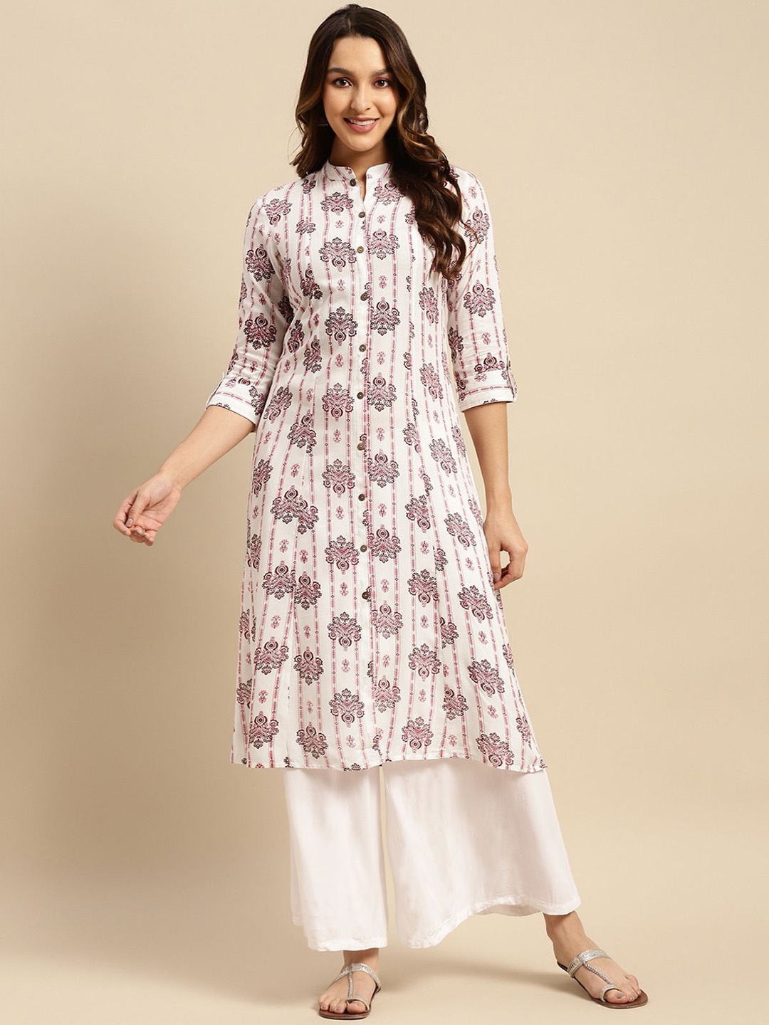 

Rangita Floral Printed Mandarin Collar A-Line Kurta, Off white