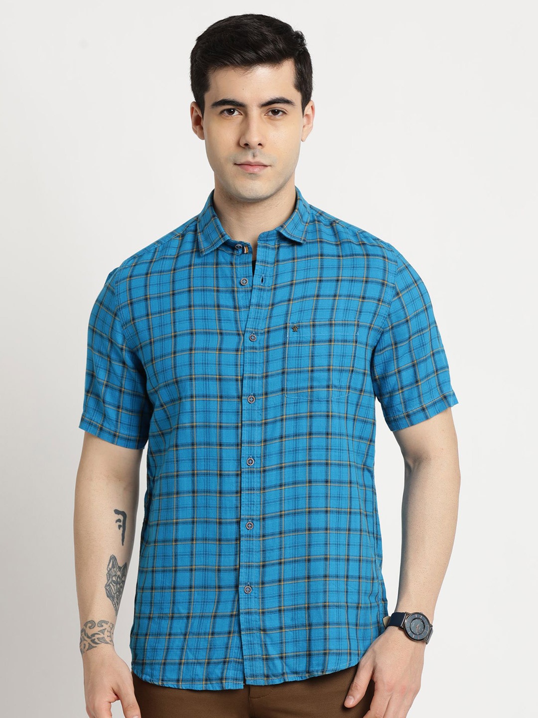 

Turtle Men Relaxed Fit Spread Collar Tartan Checked Casual Shirt, Blue