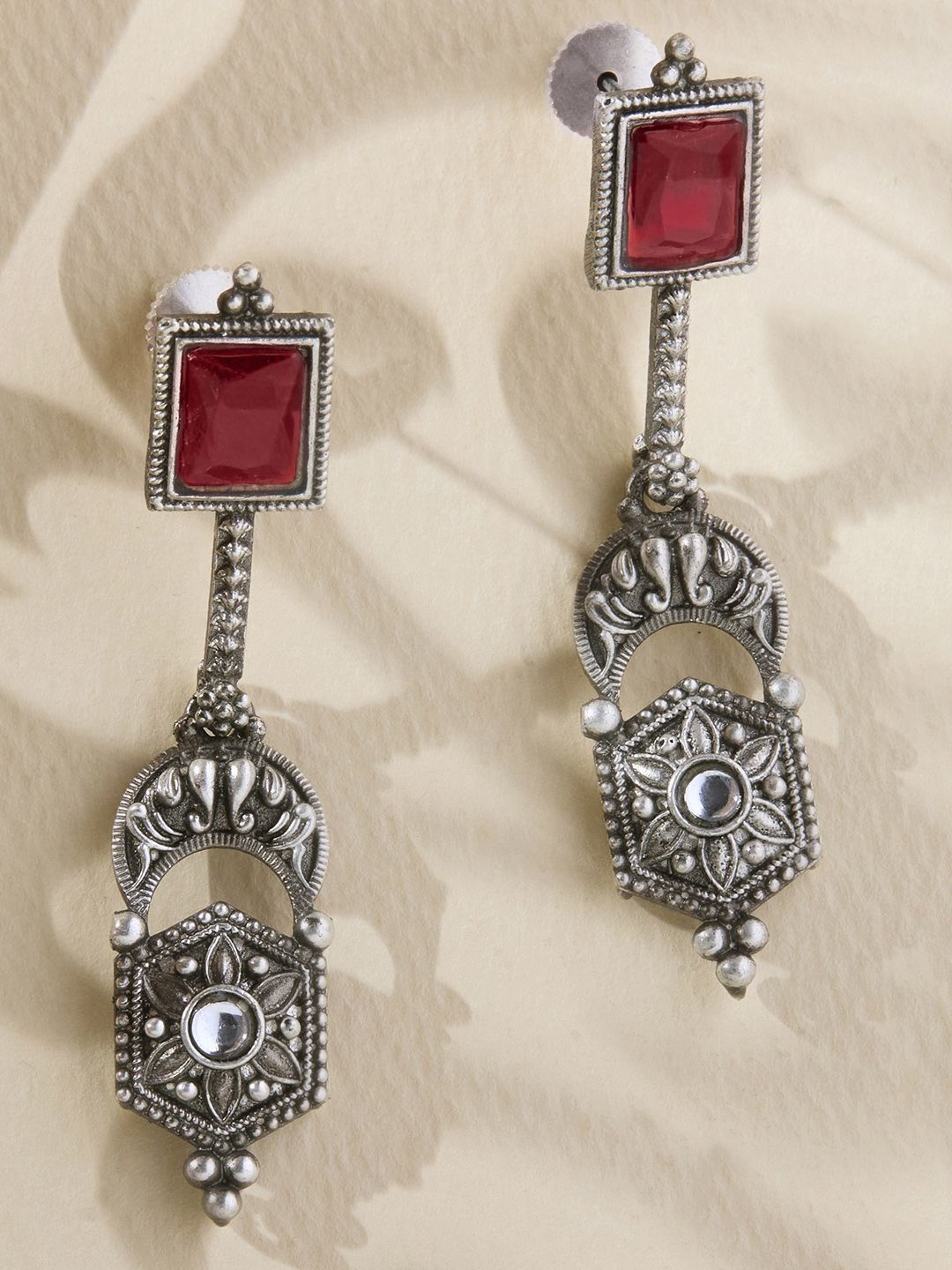 

Priyaasi Silver-Plated Contemporary Oxidised Ruby Stone Studded Drop Earrings