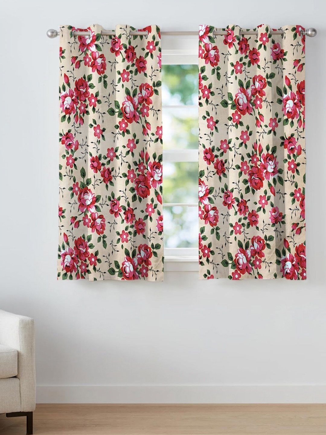 

ANA Red & White Set of 2 Floral Room Darkening Window Curtain