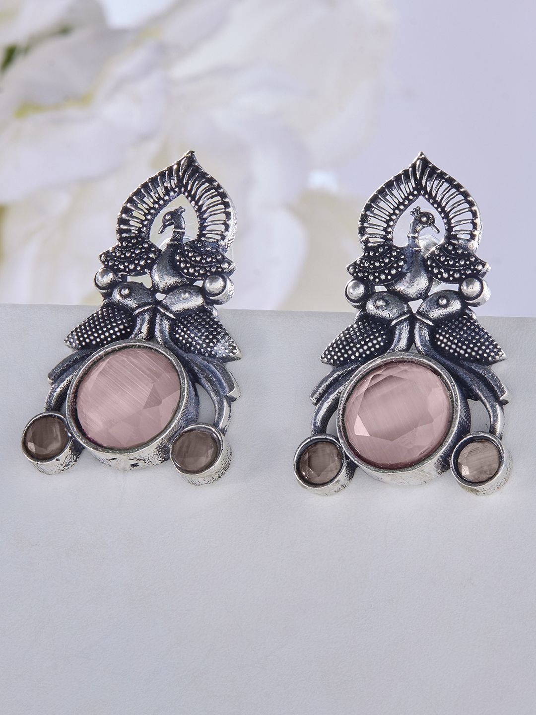 

Priyaasi Silver-Plated Contemporary Crystals Oxidised Drop Earrings