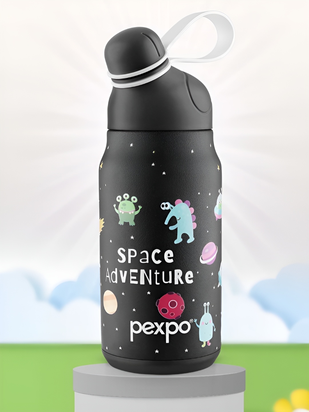 

Pexpo Black Printed Single Stainless Steel Double Wall Vacuum Water Bottle 425 ml