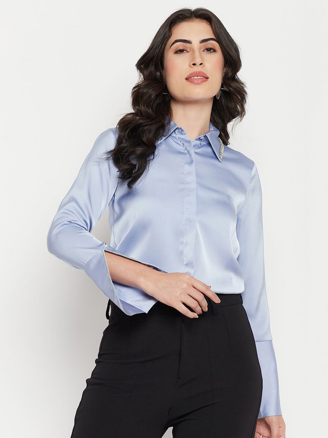 

Madame Women Spread Collar Solid Casual Shirt, Blue