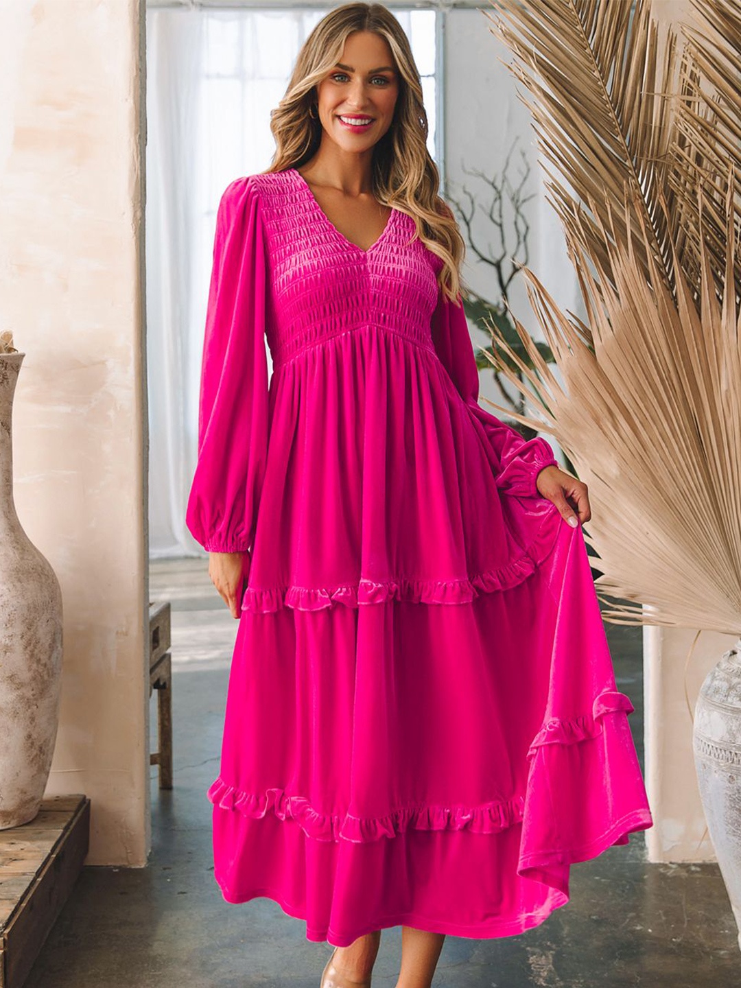 

Errabelly Women V-Neck Empire Midi Dress, Pink