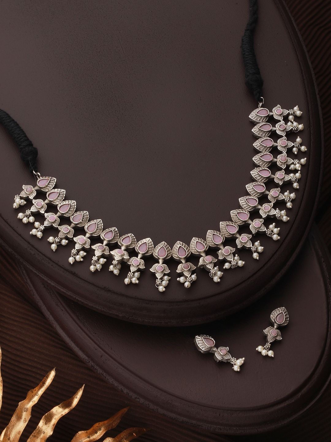 

Priyaasi Silver Plated Pink Floral Jewellery Set