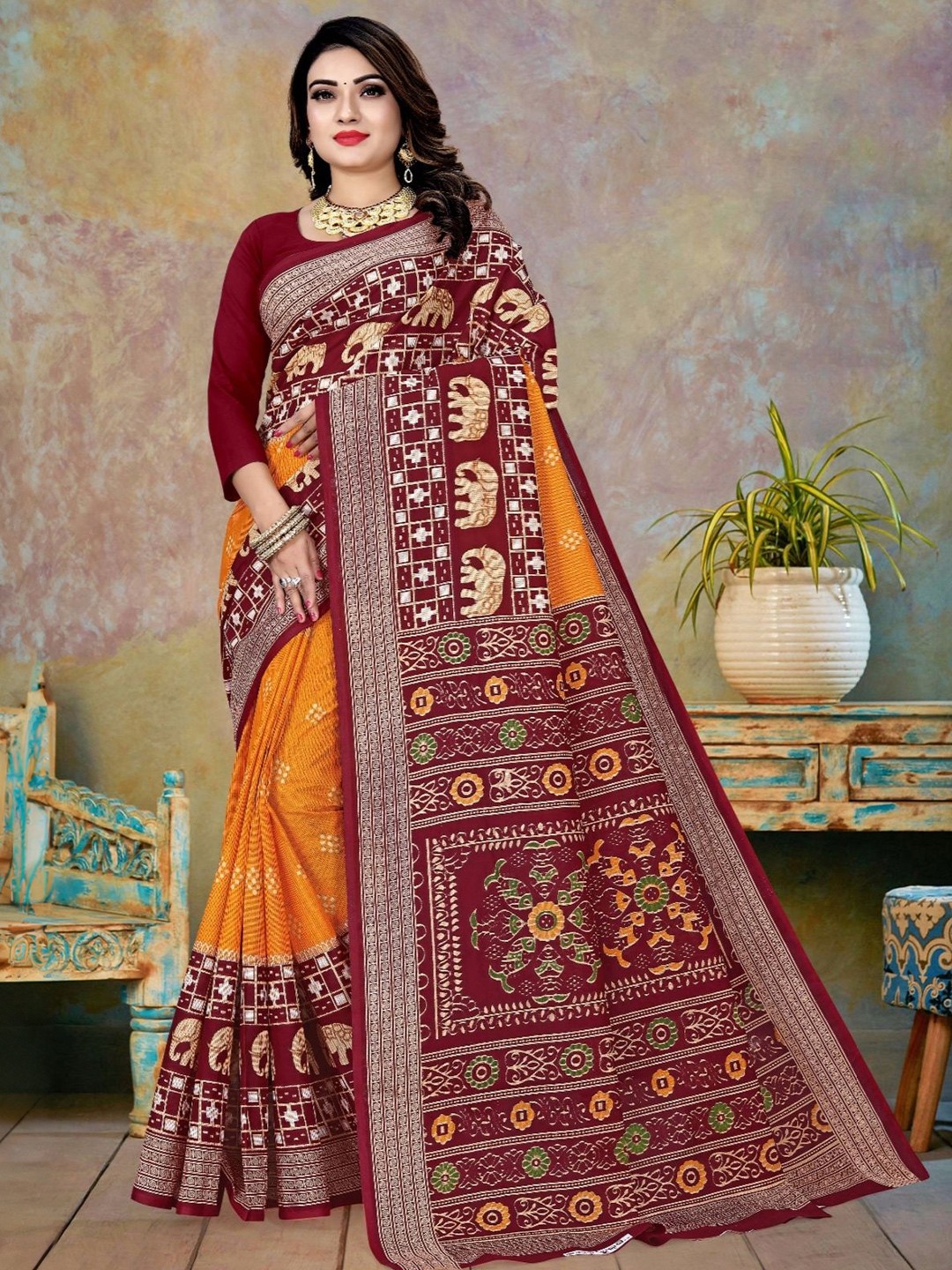 

pasapalli Ethnic Motifs Pure Cotton Sambalpuri Saree, Orange