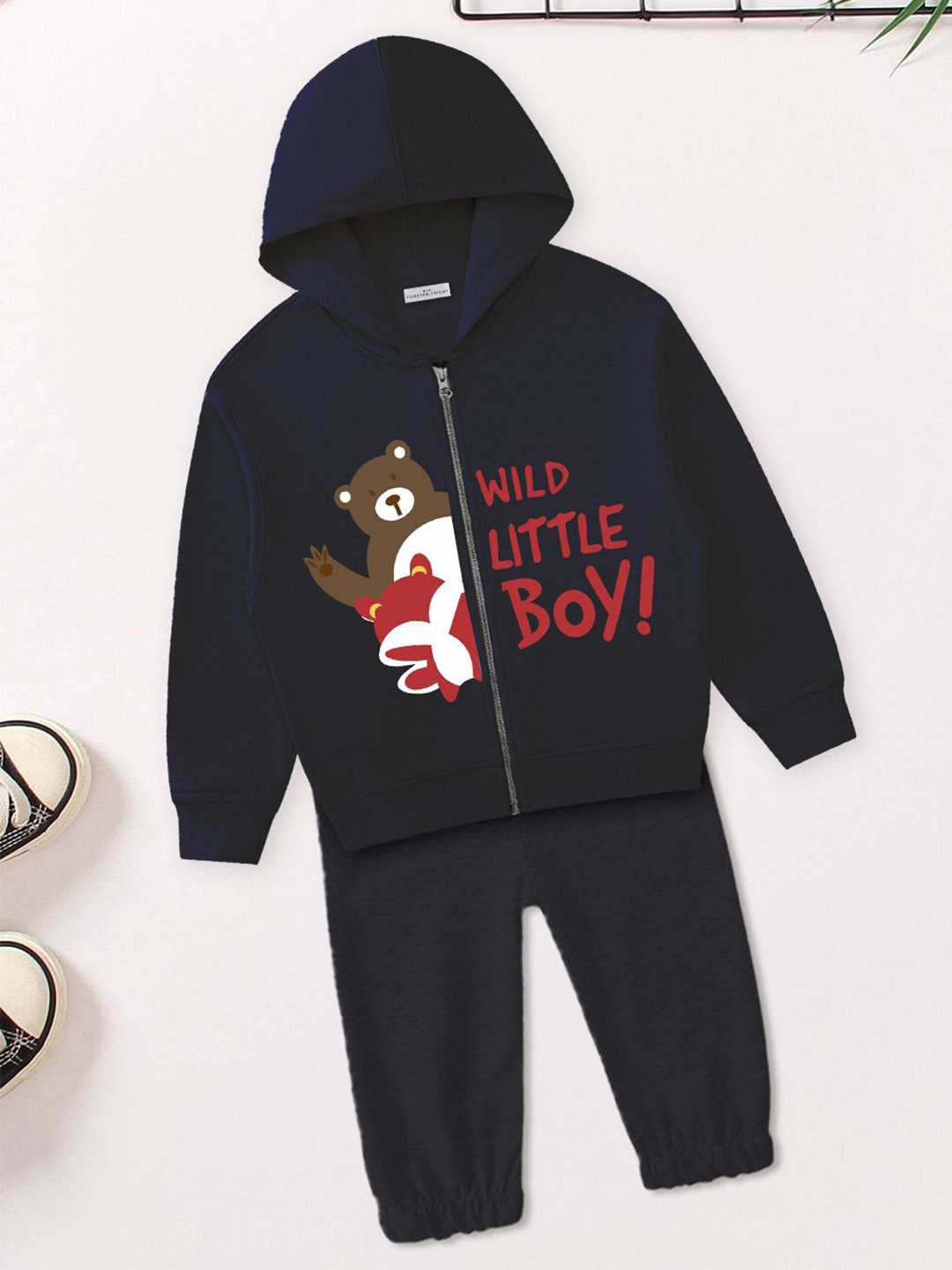 

FOREVER FRIDAY Boys Printed Hooded Pure Cotton Sweatshirt With Joggers, Navy blue