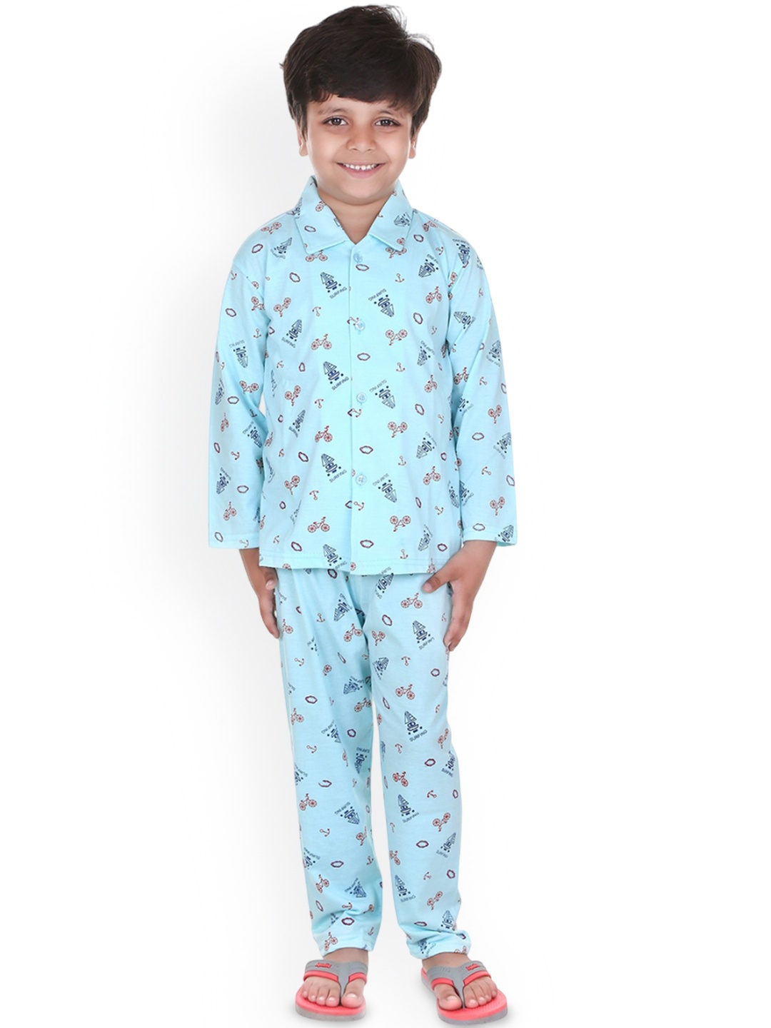 

MMShopy Kids Printed Shirt Collar Night suit, Blue