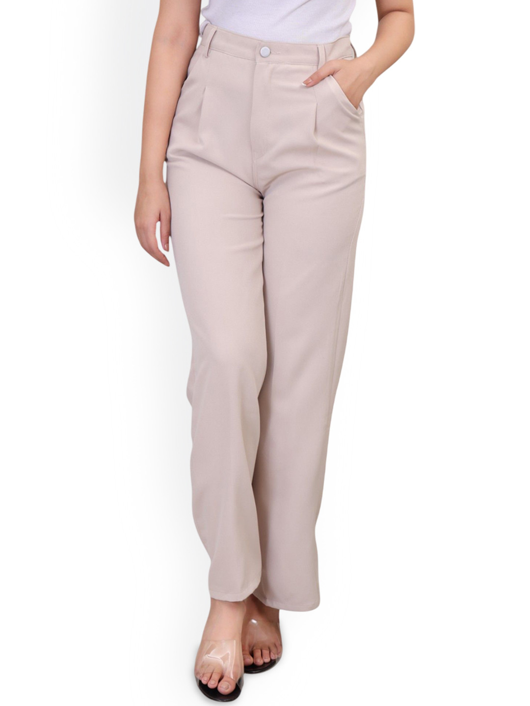 

SMVDENTERPRISES Women Original High-Rise Easy Wash Pleated Trousers, Cream