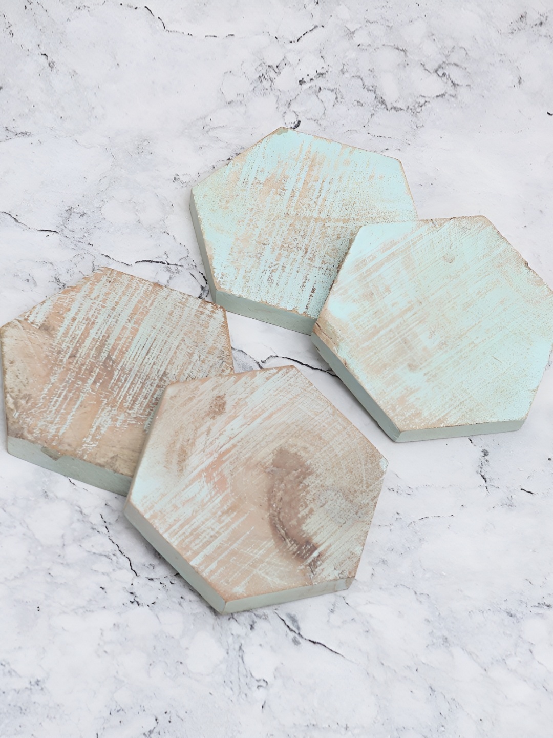 

Indianshelf Green & Beige 4 Pieces Hexagonal Wooden Dining Table Coasters